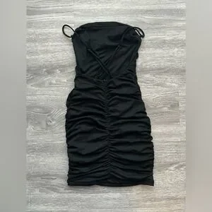 strapless open back dress Nora Ruched Layered Midaxi Dress in Black